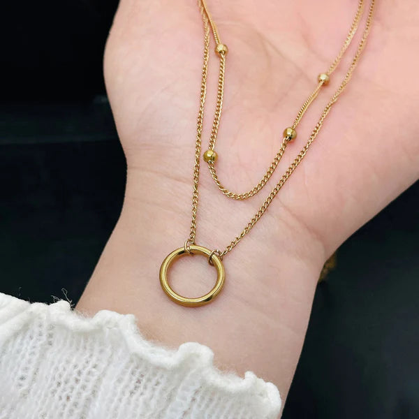 Gold Plated Stainless Steel Anti Tarnish Dual Layered Chain Hoop Pendant Necklace