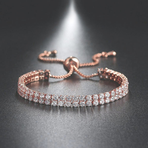 Rose Gold Plated Dual Strand Round Cut Cubic Zirconia White Matrix Tennis Bracelet Rose Gold