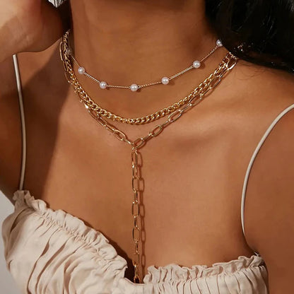 Gold Plated White Pearl Studded Multi-Strand Long Layered Necklace For Women