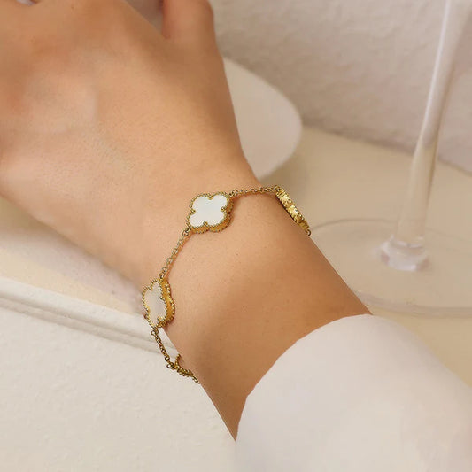 Stainless Steel Gold Plated White Anti Tarnish Clover Bracelet For Girls And Women