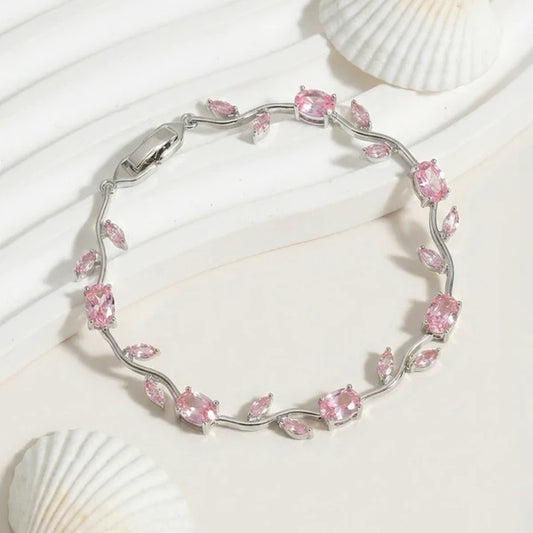Silver Plated Pink Stones Studded Anti Tarnish Tulip Bracelet