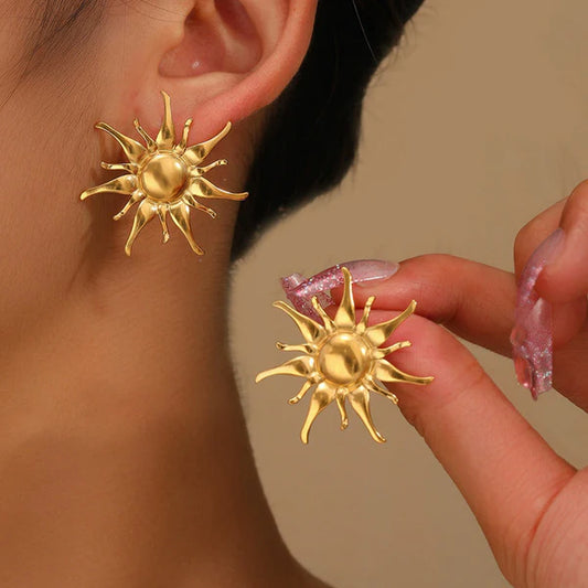 Gold-Plated Anti Tarnish Stainless Steel Sun Shaped Stud Earrings