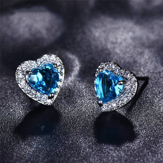 Silver Plated Anti Tarnish American Diamond Crushed Ice Cut Blue Heart Shape Stud Earrings