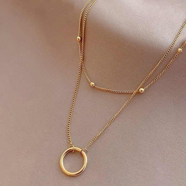 Gold Plated Stainless Steel Anti Tarnish Dual Layered Chain Hoop Pendant Necklace