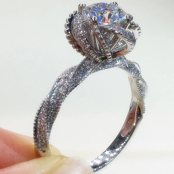 Silver Plated Anti Tarnish American Diamond Crushed Ice Cut Twisted Contemporary Finger Ring
