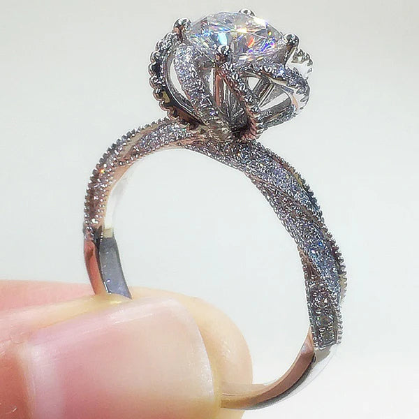 Silver Plated Anti Tarnish American Diamond Crushed Ice Cut Twisted Contemporary Finger Ring