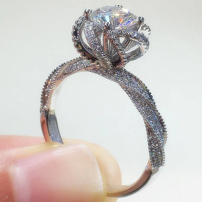 Silver Plated Anti Tarnish American Diamond Crushed Ice Cut Twisted Contemporary Finger Ring