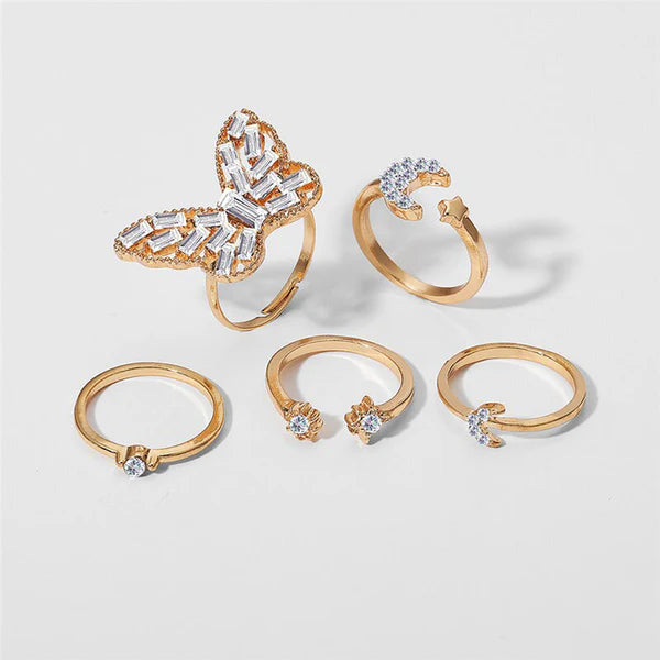 Gold Plated Butterfly Rings Set of 5 For Women
