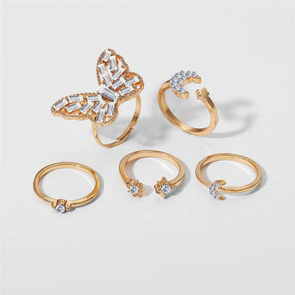 Gold Plated Butterfly Rings Set of 5 For Women