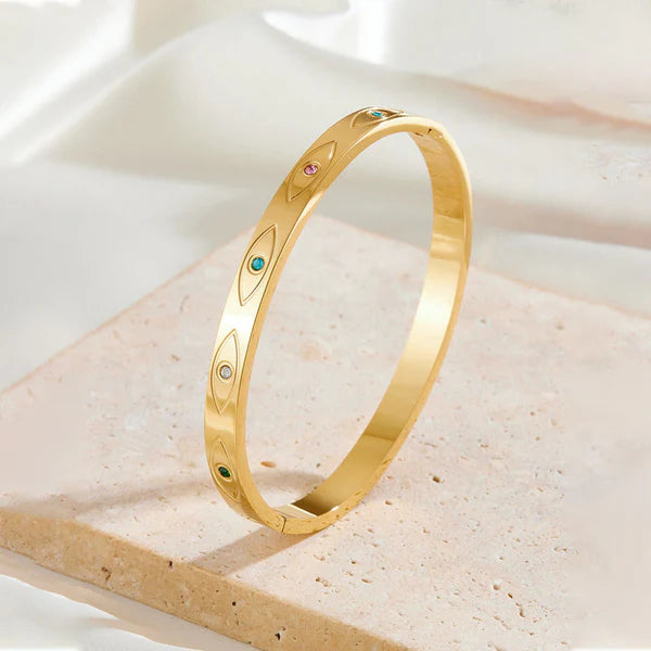 Stainless Steel Gold-Plated Multicolor American Diamond Evil Eye Bangle-Style Anti-Tarnish Bracelet For Women