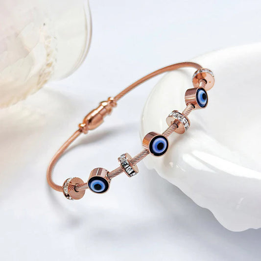 Stainless Steel Rose Gold Plated American Diamond Studded Evil Eye Bracelet For Women