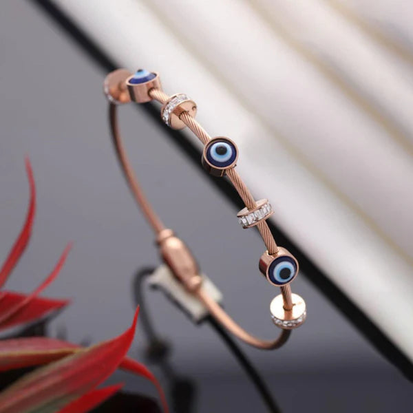 Stainless Steel Rose Gold Plated American Diamond Studded Evil Eye Bracelet For Women