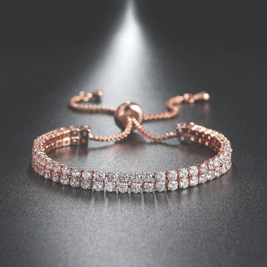 Rose Gold Plated Dual Strand Round Cut Cubic Zirconia White Matrix Tennis Bracelet Rose Gold