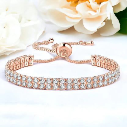 Rose Gold Plated Dual Strand Round Cut Cubic Zirconia White Matrix Tennis Bracelet Rose Gold
