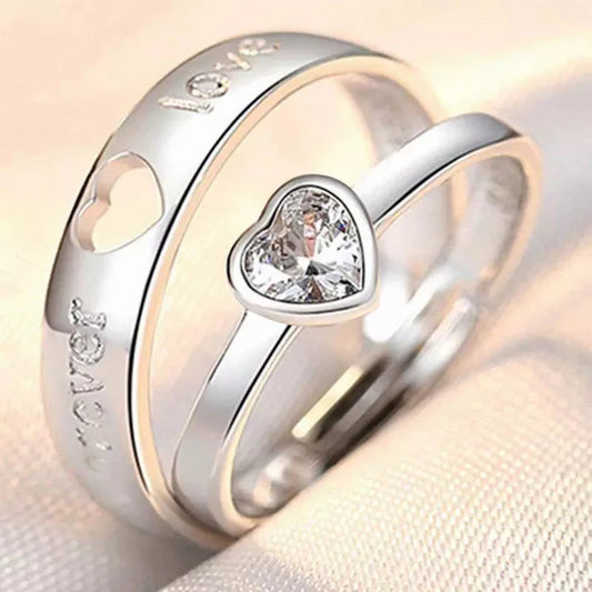 Silver Plated American Diamonds Studded Adjustable  I LOVE YOUThemed Couple Rings