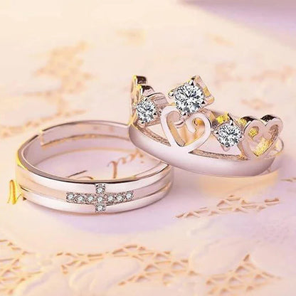 Silver Plated American Diamonds Studded Adjustable Heart Themed Couple Rings
