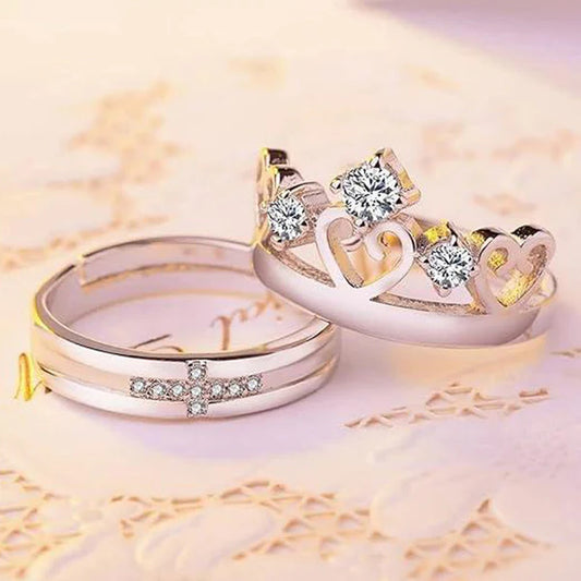 Silver Plated American Diamonds Studded Adjustable Heart Themed Couple Rings